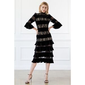 J.ING Black Velvet Lace Floral Midi Dress Whimsical Goth Ruffle Size S